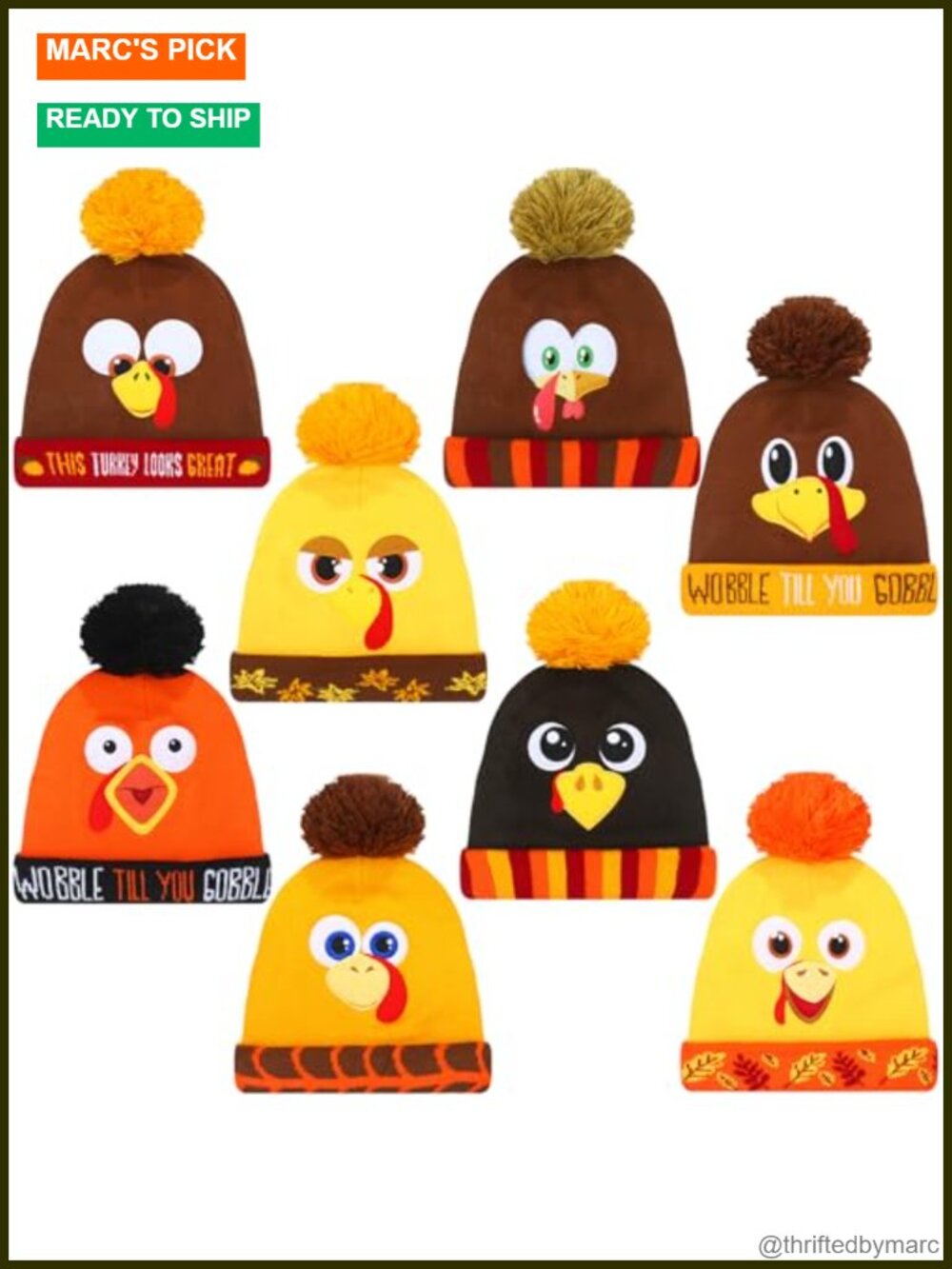 Set of 8 Turkey Pom Pom Beanies Knitted Hats for Thanksgiving